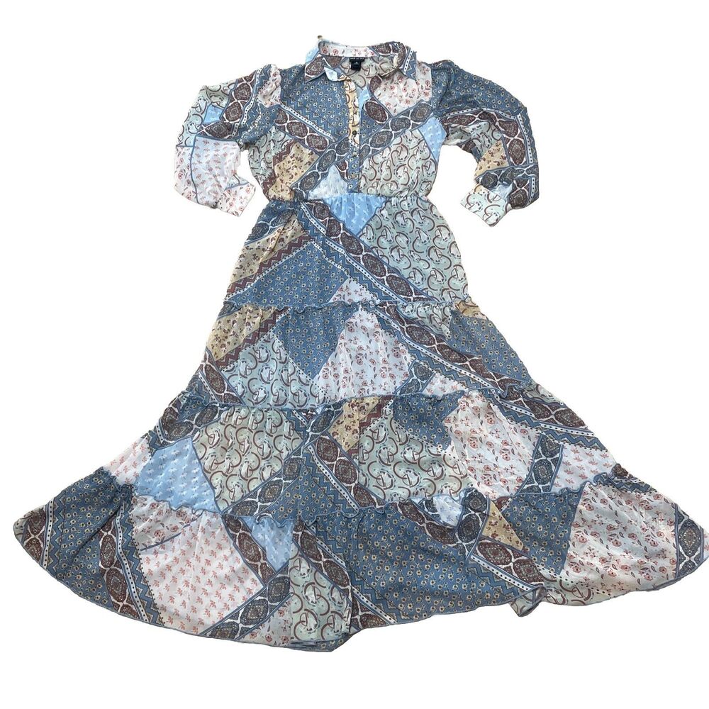 Kate and Lily Floral Maxi Dress Women 10 Patchwork Multi Bishop Sleeve Sheer Top